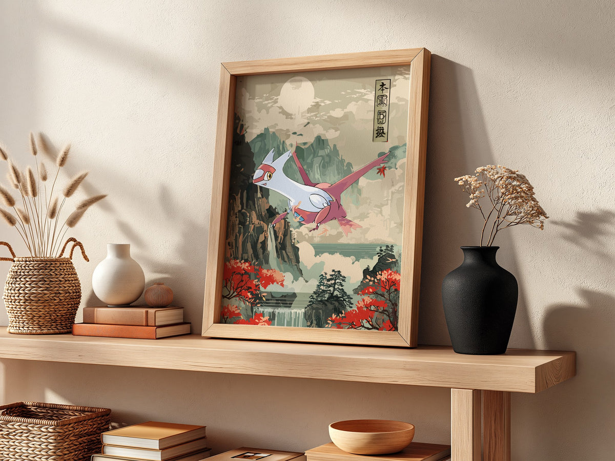 Poster featuring Latias flying over mountains with red foliage in Japanese brushstroke style