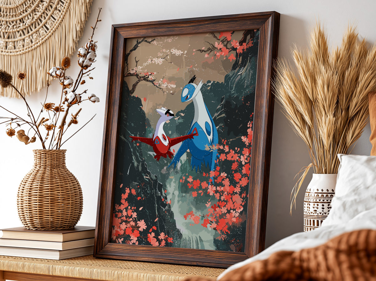 Poster featuring Latias and Latios in fantasy style with red blossoms and dark cliffs