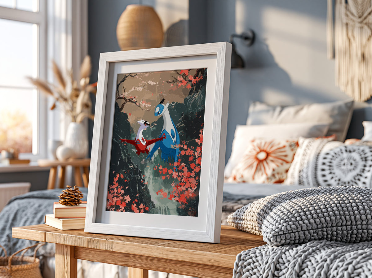 Poster featuring Latias and Latios in fantasy style with red blossoms and dark cliffs