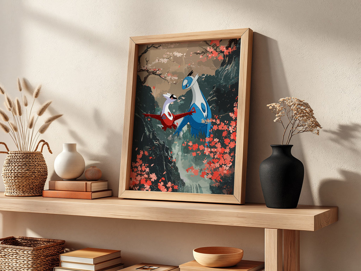 Poster featuring Latias and Latios in fantasy style with red blossoms and dark cliffs