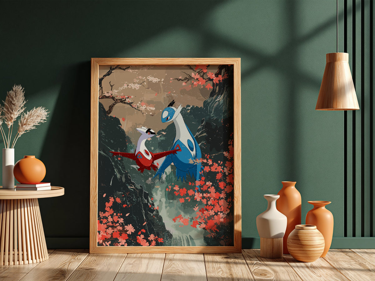 Poster featuring Latias and Latios in fantasy style with red blossoms and dark cliffs