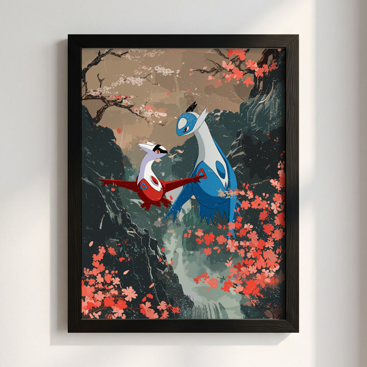Poster featuring Latias and Latios in fantasy style with red blossoms and dark cliffs
