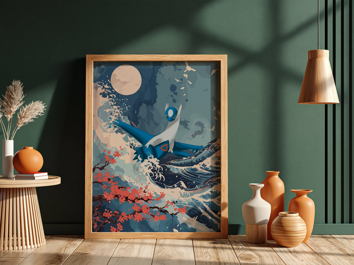 Poster of Latios flying above blue ocean waves with coral blossoms and full moon in illustrative style
