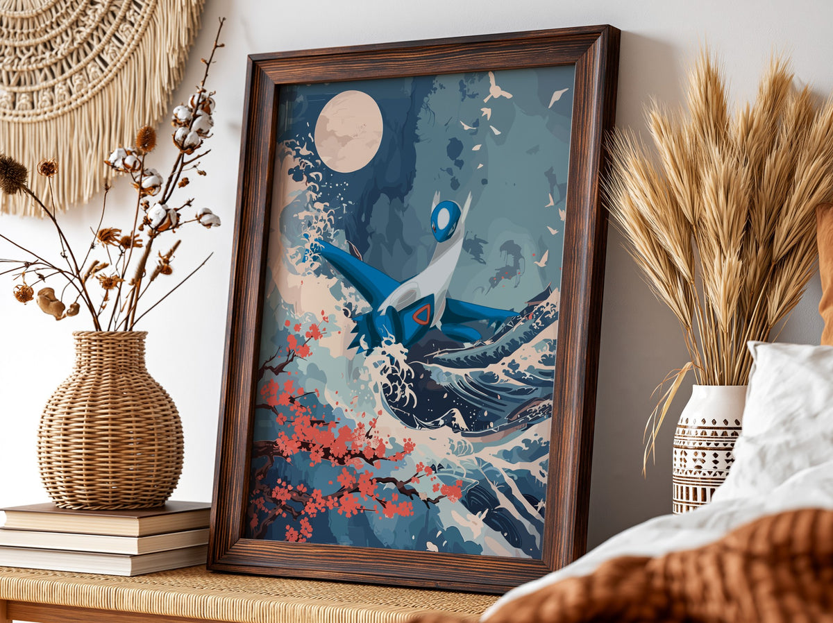 Poster of Latios flying above blue ocean waves with coral blossoms and full moon in illustrative style