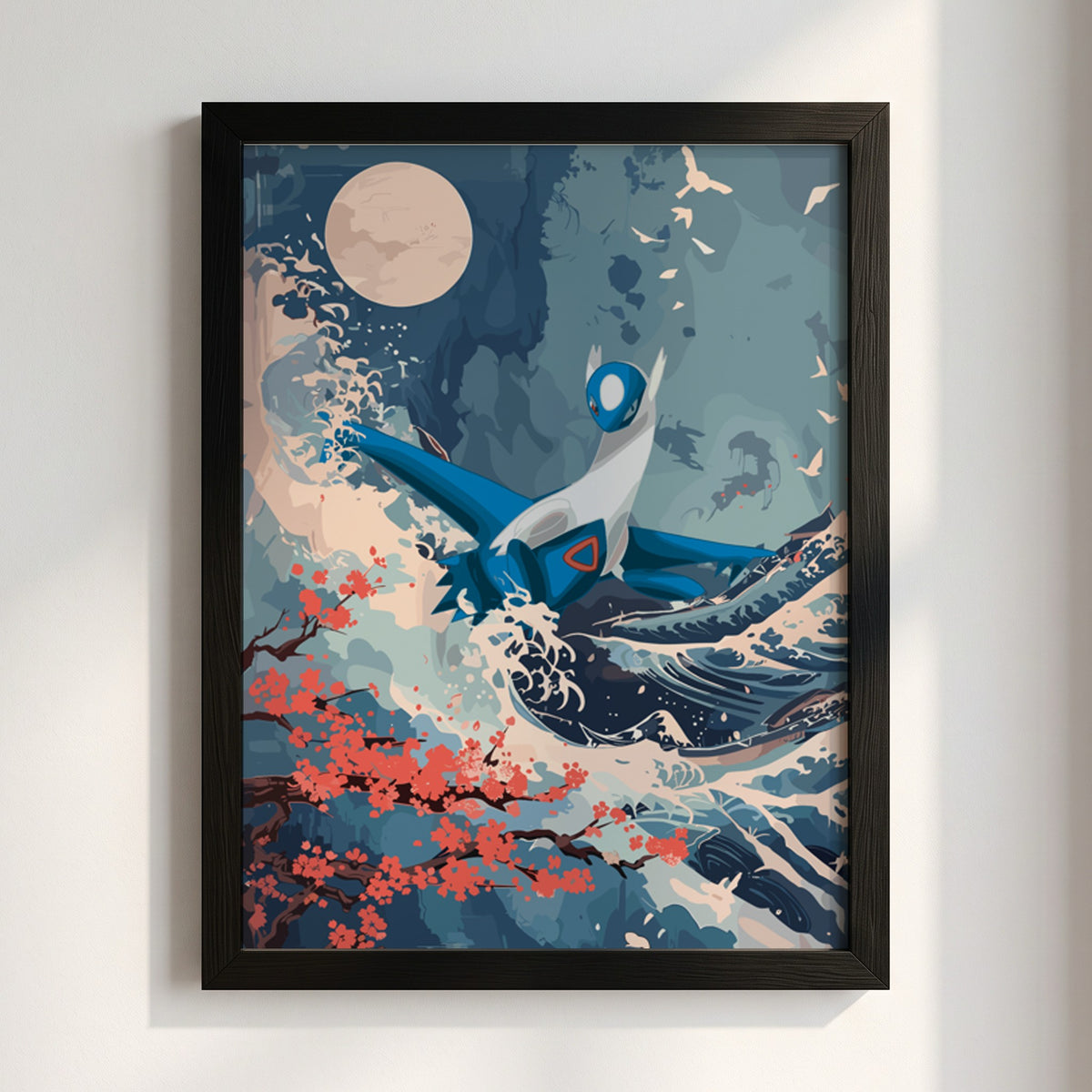 Poster of Latios flying above blue ocean waves with coral blossoms and full moon in illustrative style