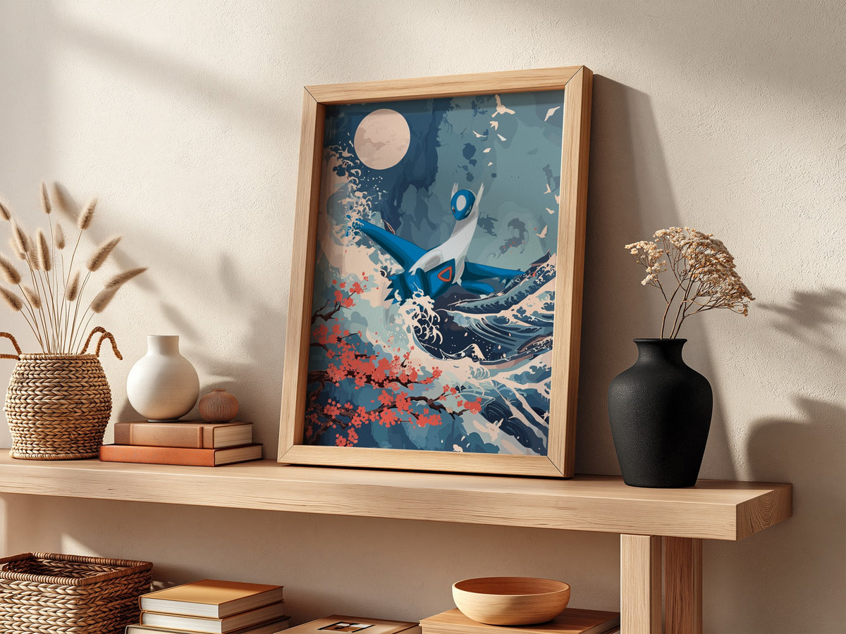 Poster of Latios flying above blue ocean waves with coral blossoms and full moon in illustrative style