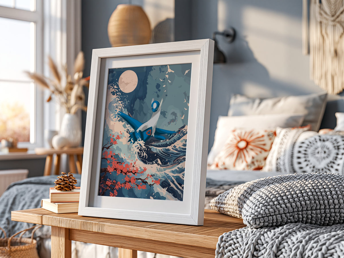 Poster of Latios flying above blue ocean waves with coral blossoms and full moon in illustrative style