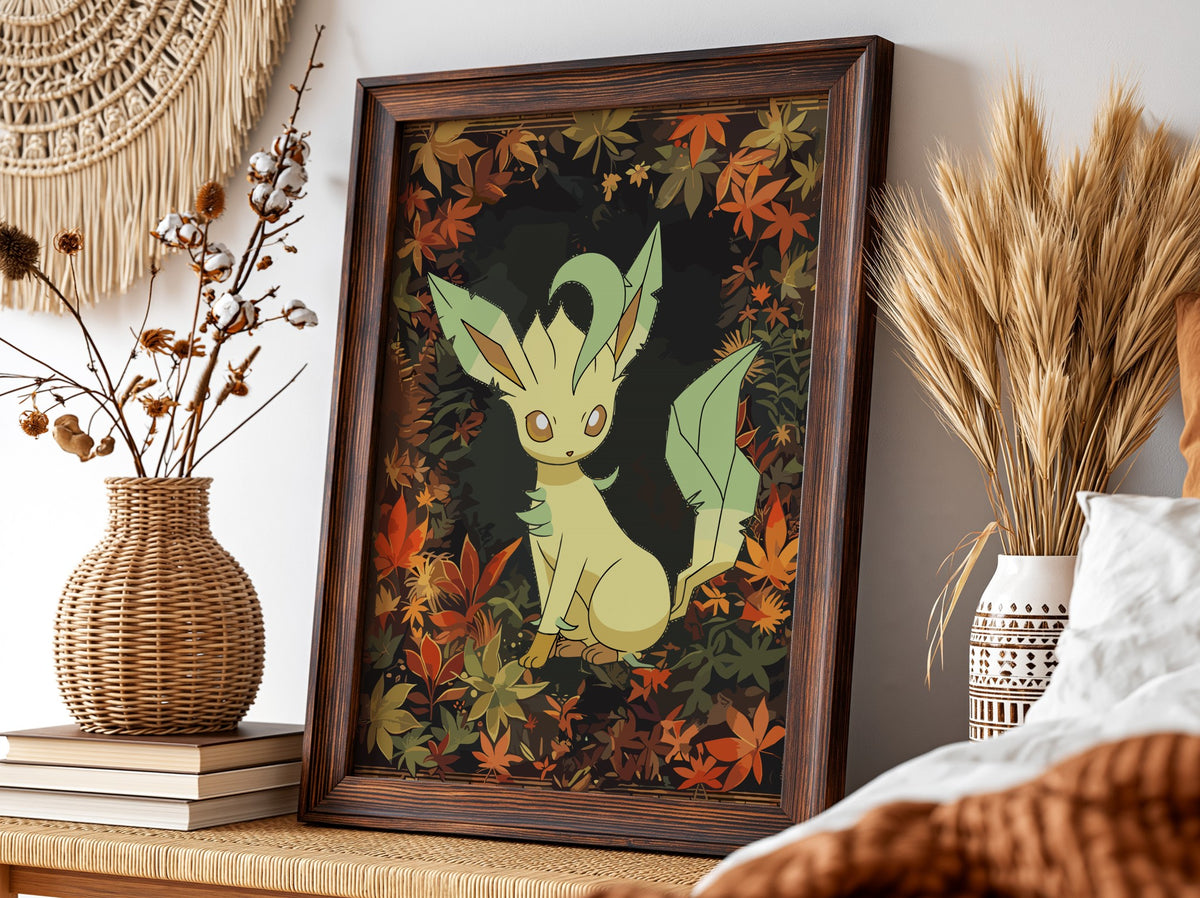 Leafeon character poster with green and brown autumn leaves in cozy illustrated style