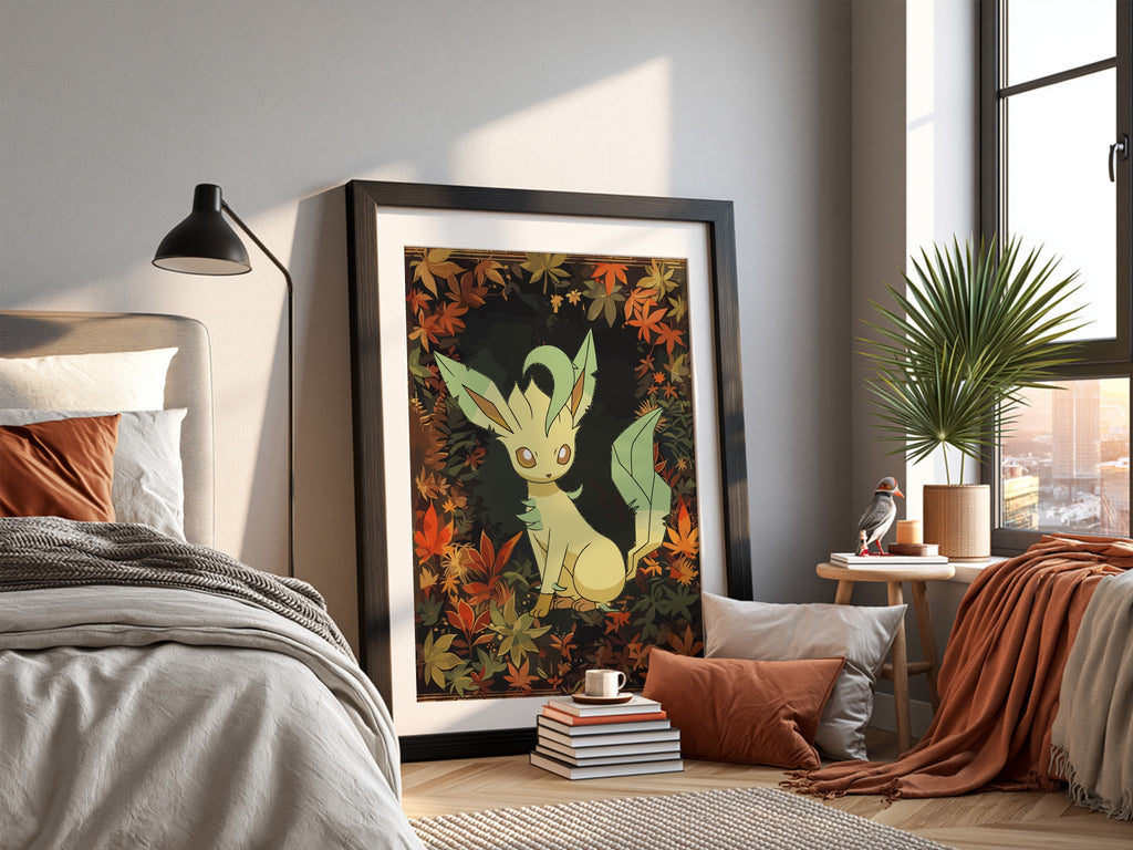 Leafeon character poster with green and brown autumn leaves in cozy illustrated style