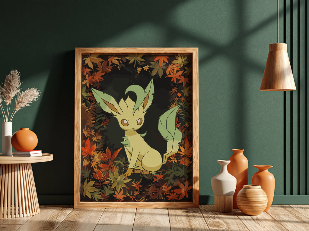 Leafeon character poster with green and brown autumn leaves in cozy illustrated style