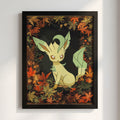 Leafeon character poster with green and brown autumn leaves in cozy illustrated style