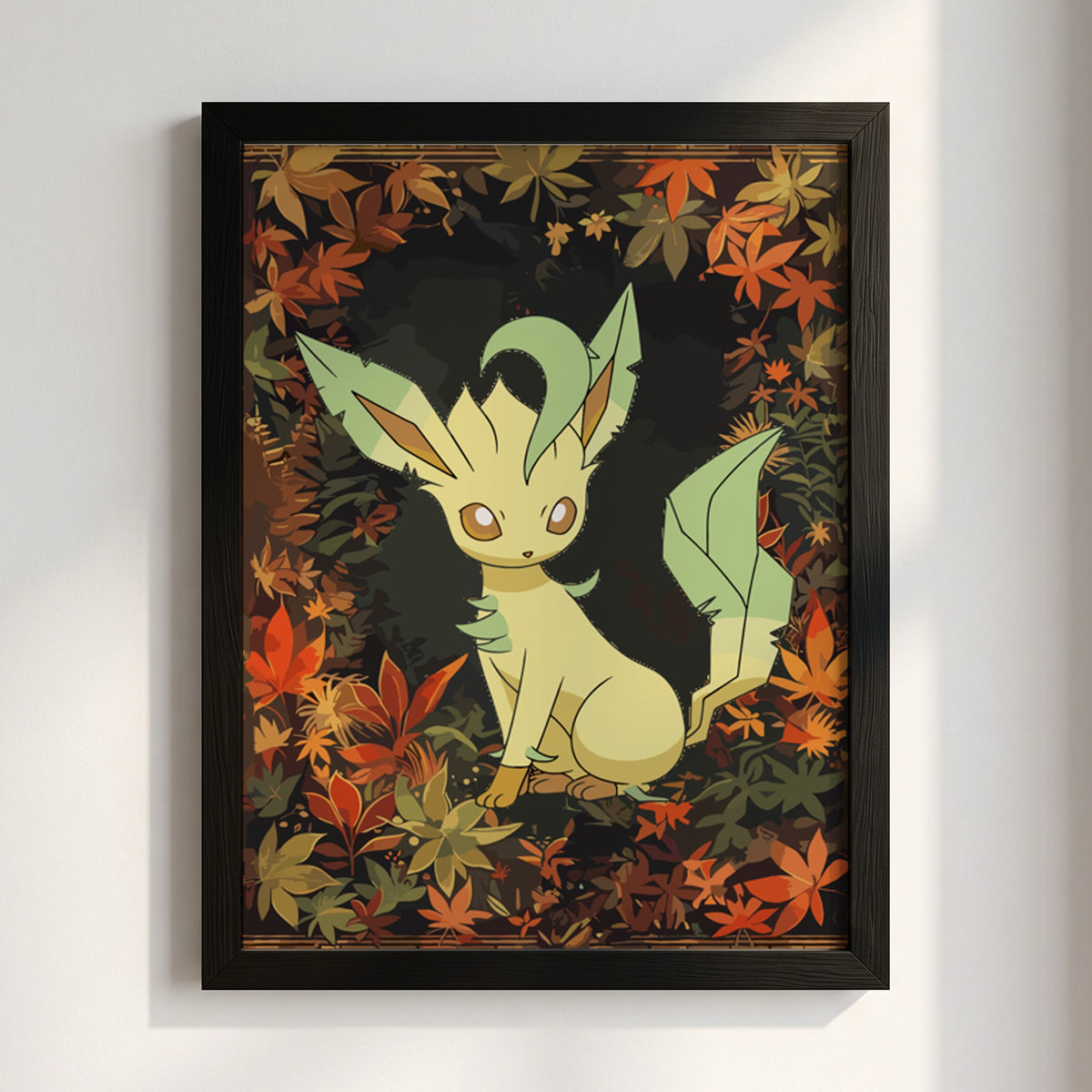 Leafeon character poster with green and brown autumn leaves in cozy illustrated style