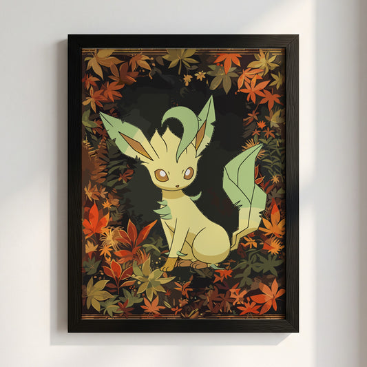Leafeon character poster with green and brown autumn leaves in cozy illustrated style