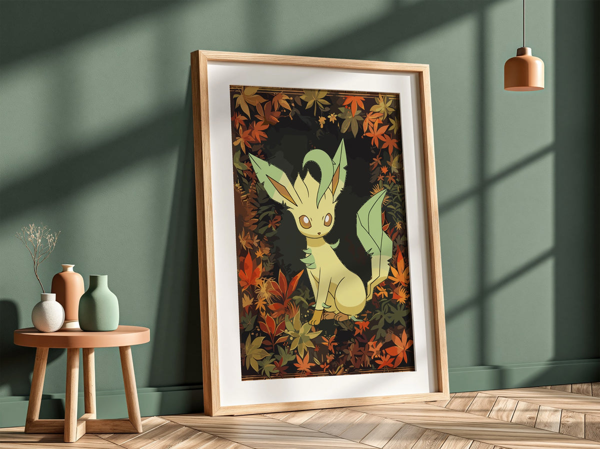 Leafeon character poster with green and brown autumn leaves in cozy illustrated style