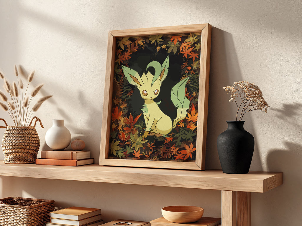 Leafeon character poster with green and brown autumn leaves in cozy illustrated style