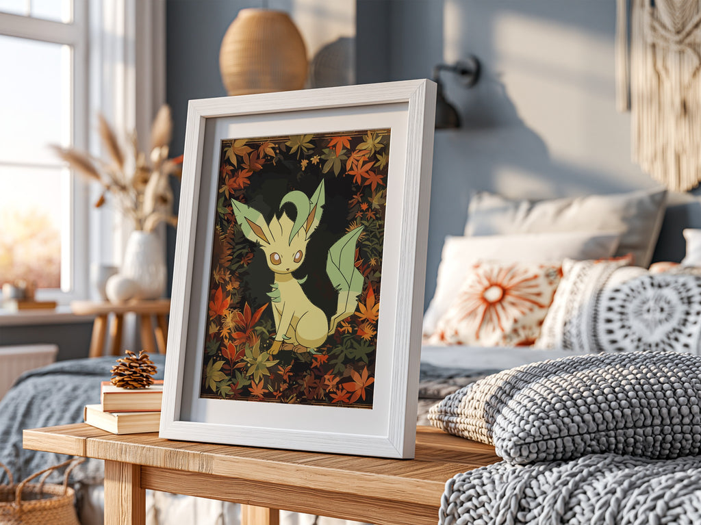 Leafeon character poster with green and brown autumn leaves in cozy illustrated style