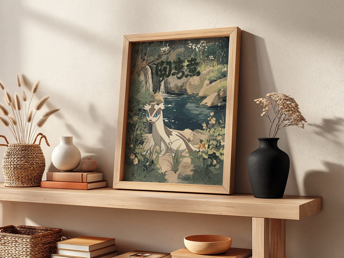 Linoone forest scene wall decor with muted greens, blues, and earth tones in painterly style