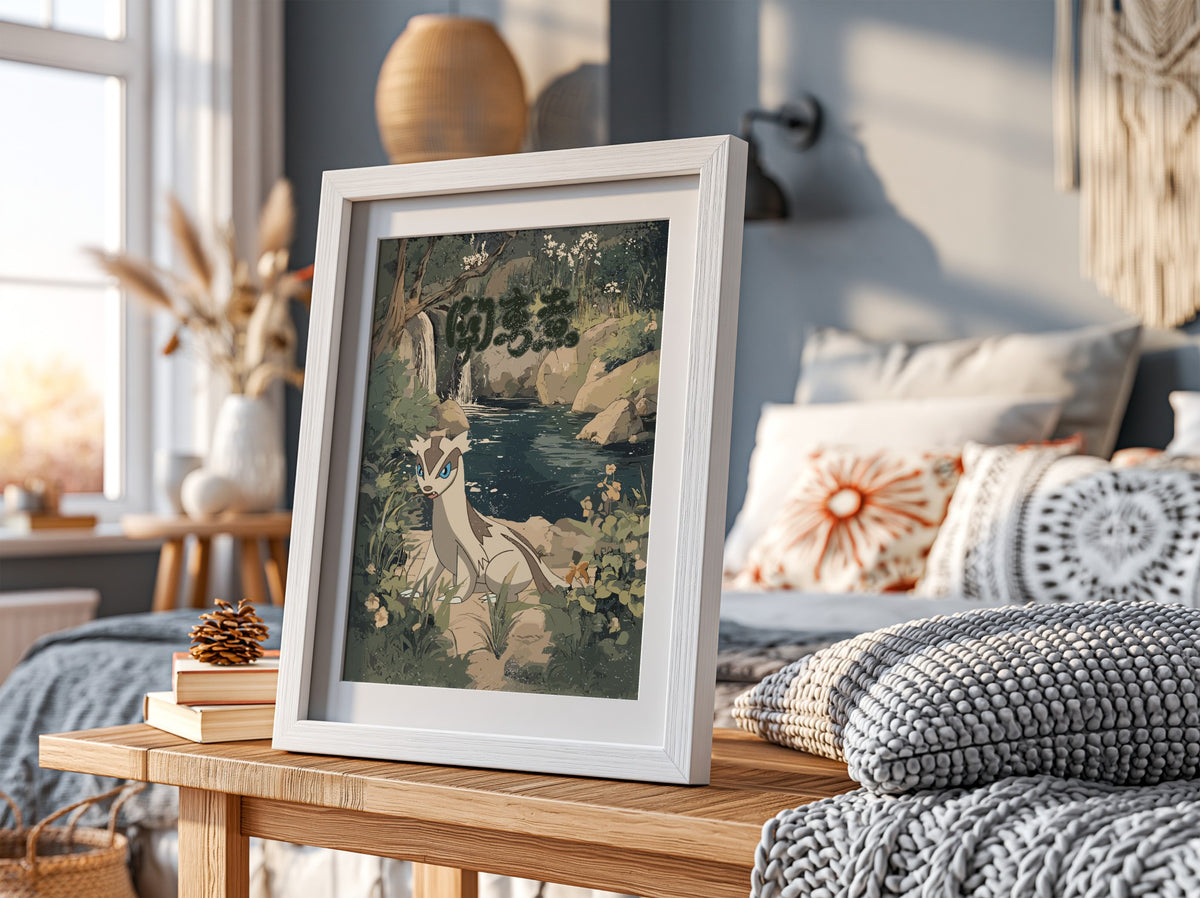 Linoone forest scene wall decor with muted greens, blues, and earth tones in painterly style