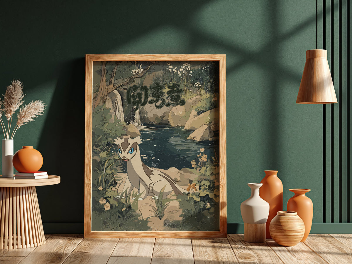 Linoone forest scene wall decor with muted greens, blues, and earth tones in painterly style
