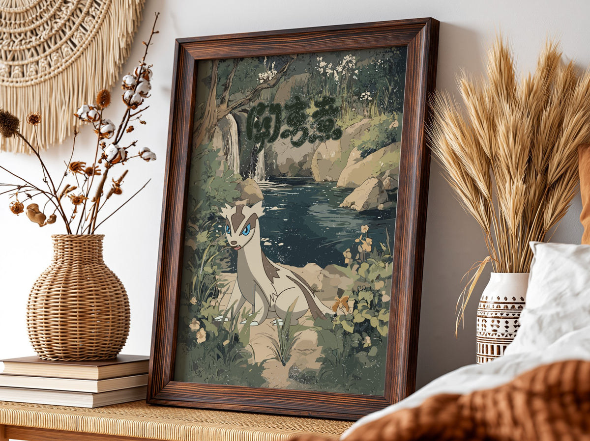 Linoone forest scene wall decor with muted greens, blues, and earth tones in painterly style