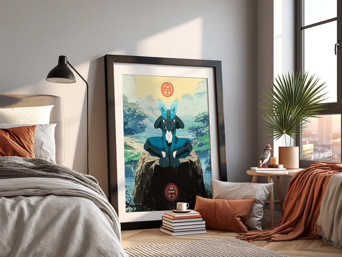 Poster wall decor featuring Lucario in blue with natural green background in anime style