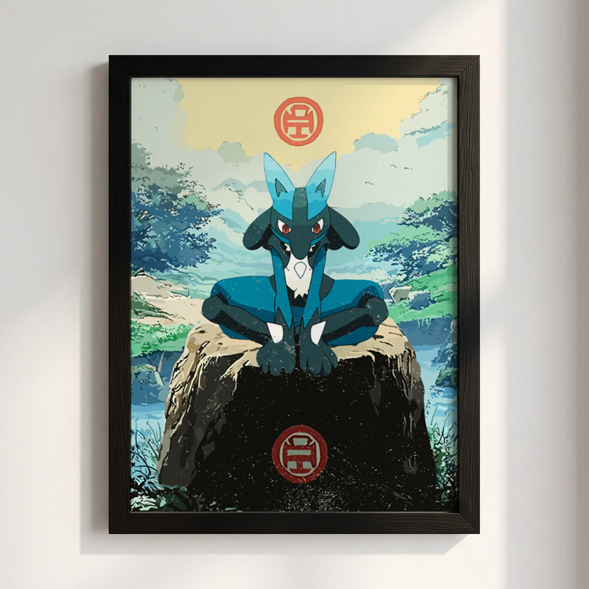 Poster wall decor featuring Lucario in blue with natural green background in anime style
