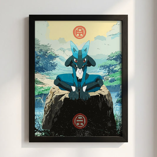 Poster wall decor featuring Lucario in blue with natural green background in anime style