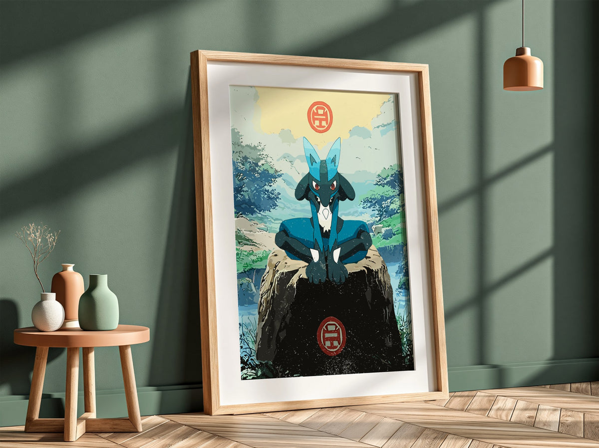 Poster wall decor featuring Lucario in blue with natural green background in anime style