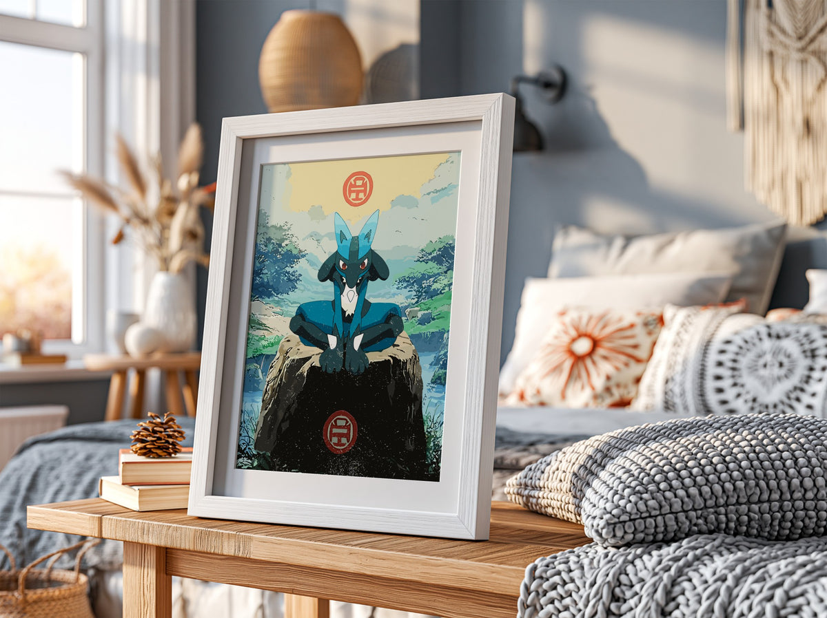 Poster wall decor featuring Lucario in blue with natural green background in anime style