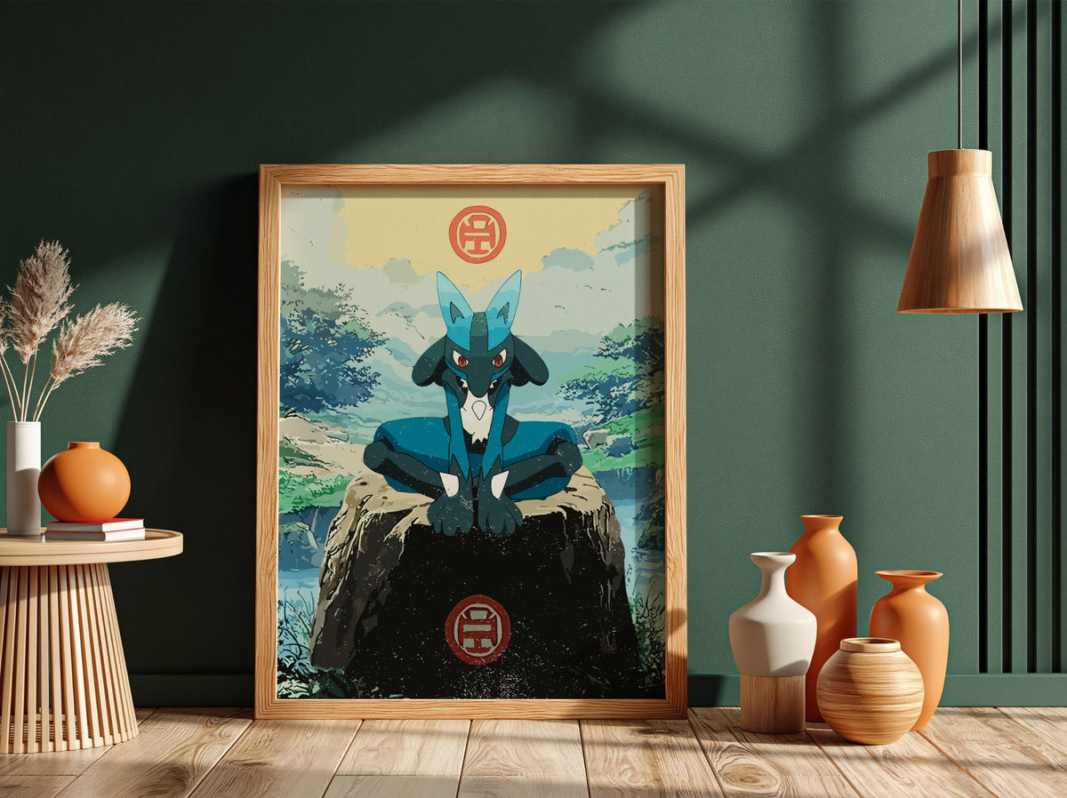 Poster wall decor featuring Lucario in blue with natural green background in anime style