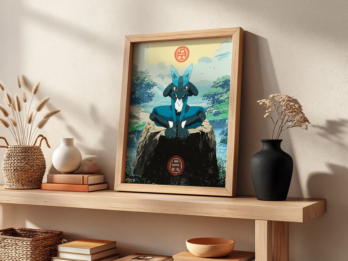 Poster wall decor featuring Lucario in blue with natural green background in anime style