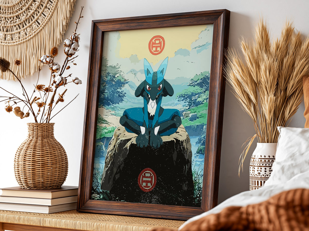 Poster wall decor featuring Lucario in blue with natural green background in anime style