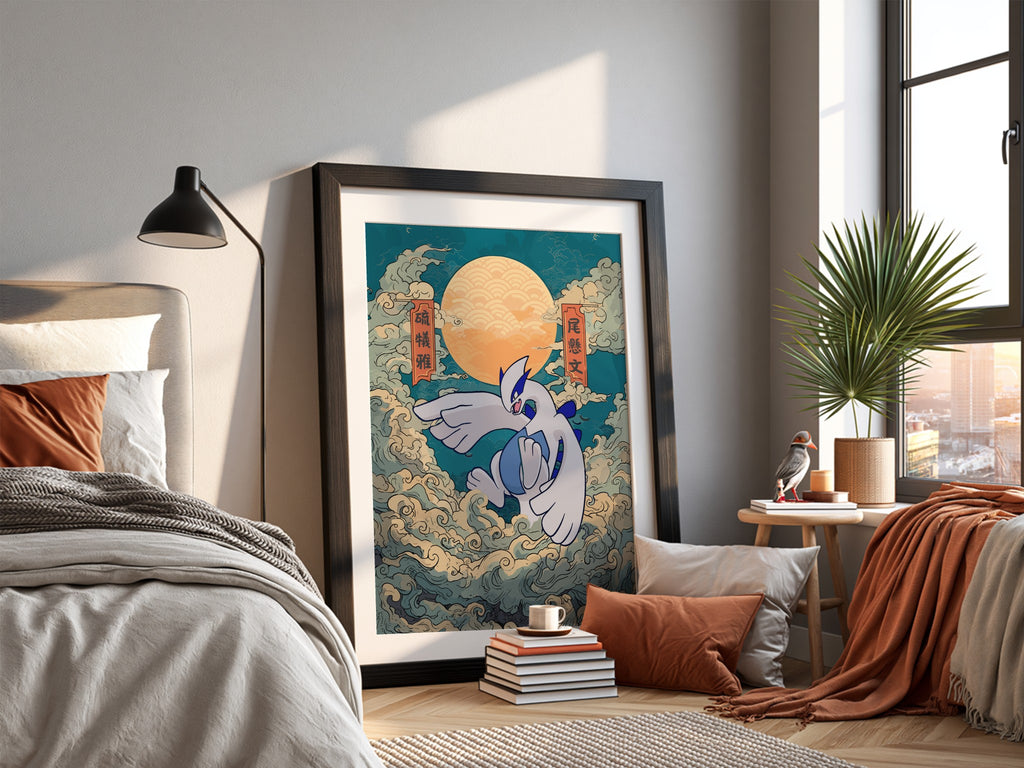 Pokemon poster featuring Lugia in blue and white with swirling clouds and warm orange sun background