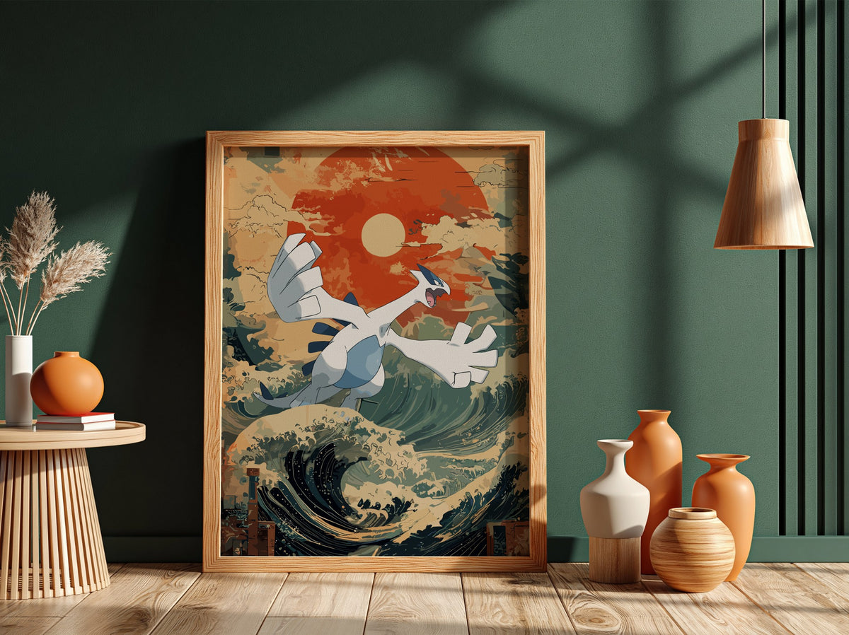Poster featuring Lugia flying over stylized Japanese waves with deep blue, cream, and red sun background