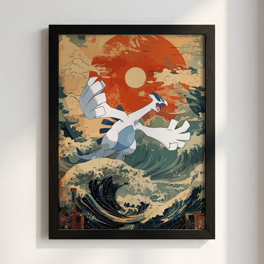 Poster featuring Lugia flying over stylized Japanese waves with deep blue, cream, and red sun background