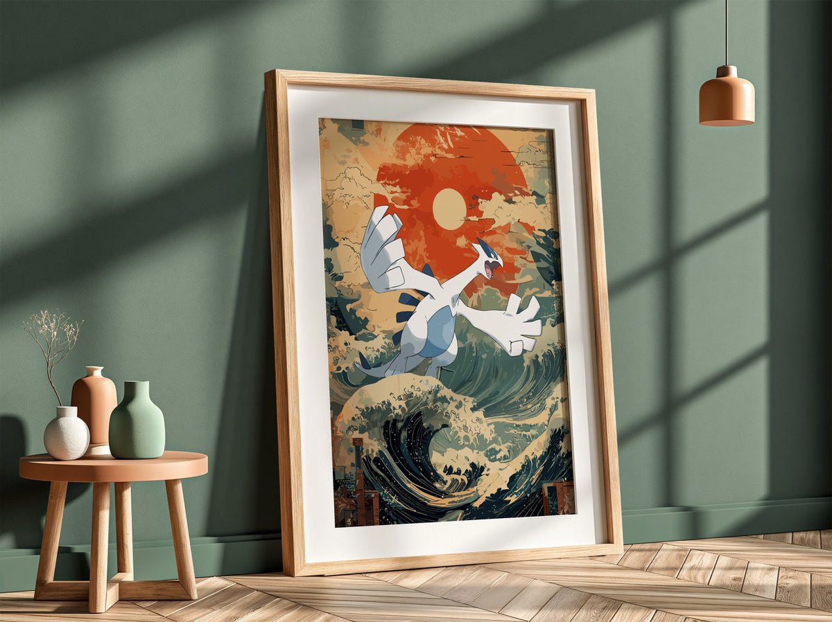 Poster featuring Lugia flying over stylized Japanese waves with deep blue, cream, and red sun background