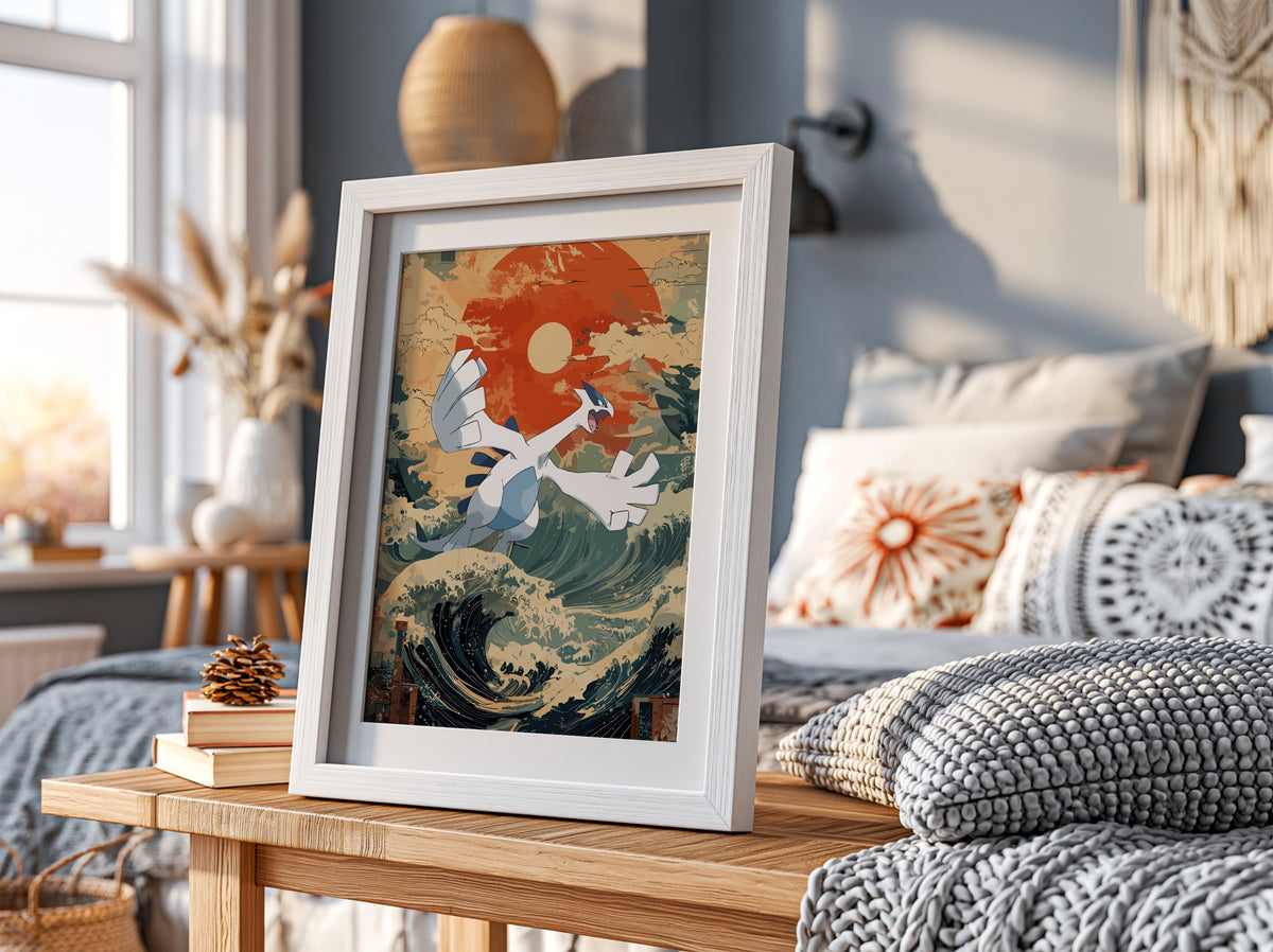 Poster featuring Lugia flying over stylized Japanese waves with deep blue, cream, and red sun background