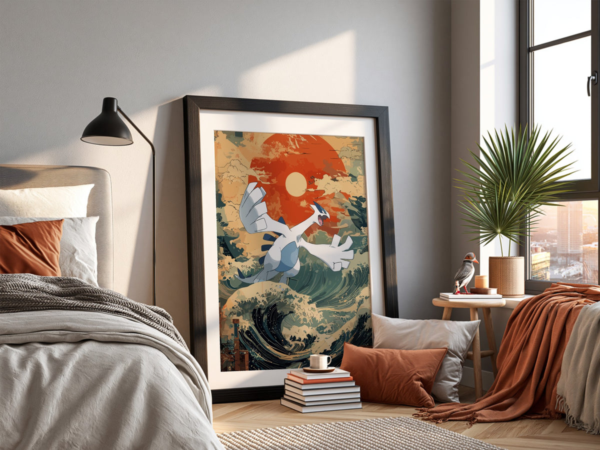 Poster featuring Lugia flying over stylized Japanese waves with deep blue, cream, and red sun background