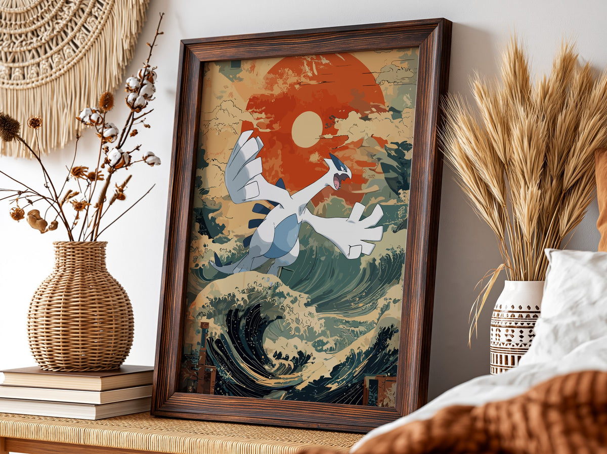 Poster featuring Lugia flying over stylized Japanese waves with deep blue, cream, and red sun background
