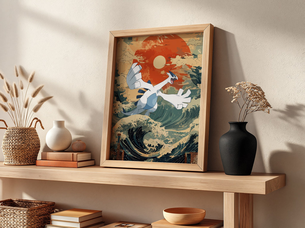 Poster featuring Lugia flying over stylized Japanese waves with deep blue, cream, and red sun background