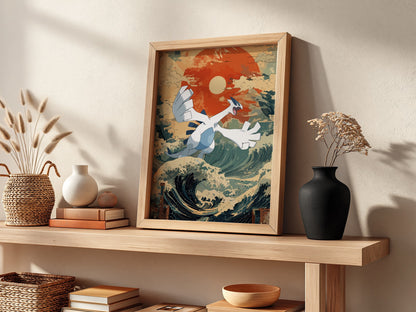 Poster featuring Lugia flying over stylized Japanese waves with deep blue, cream, and red sun background