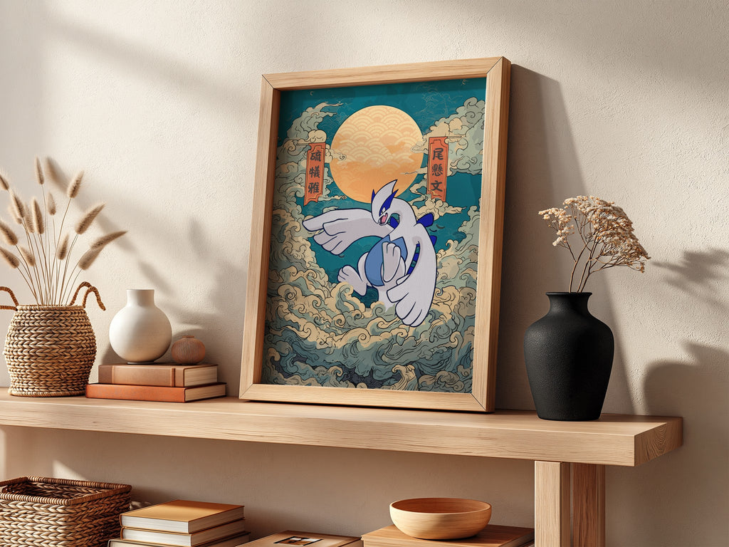 Pokemon poster featuring Lugia in blue and white with swirling clouds and warm orange sun background