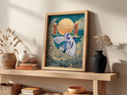 Pokemon poster featuring Lugia in blue and white with swirling clouds and warm orange sun background