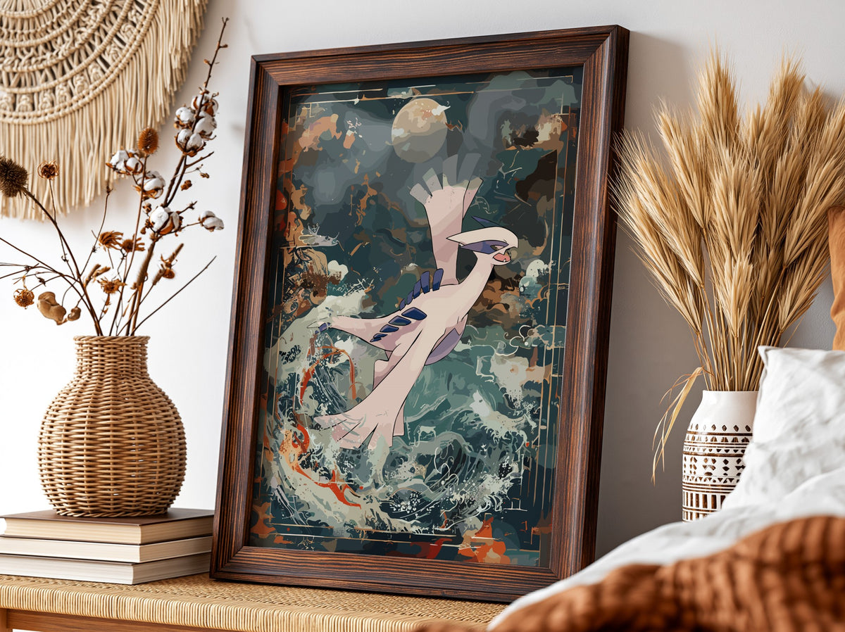 Fantasy poster featuring Lugia flying over turbulent ocean with deep blue and rust tones
