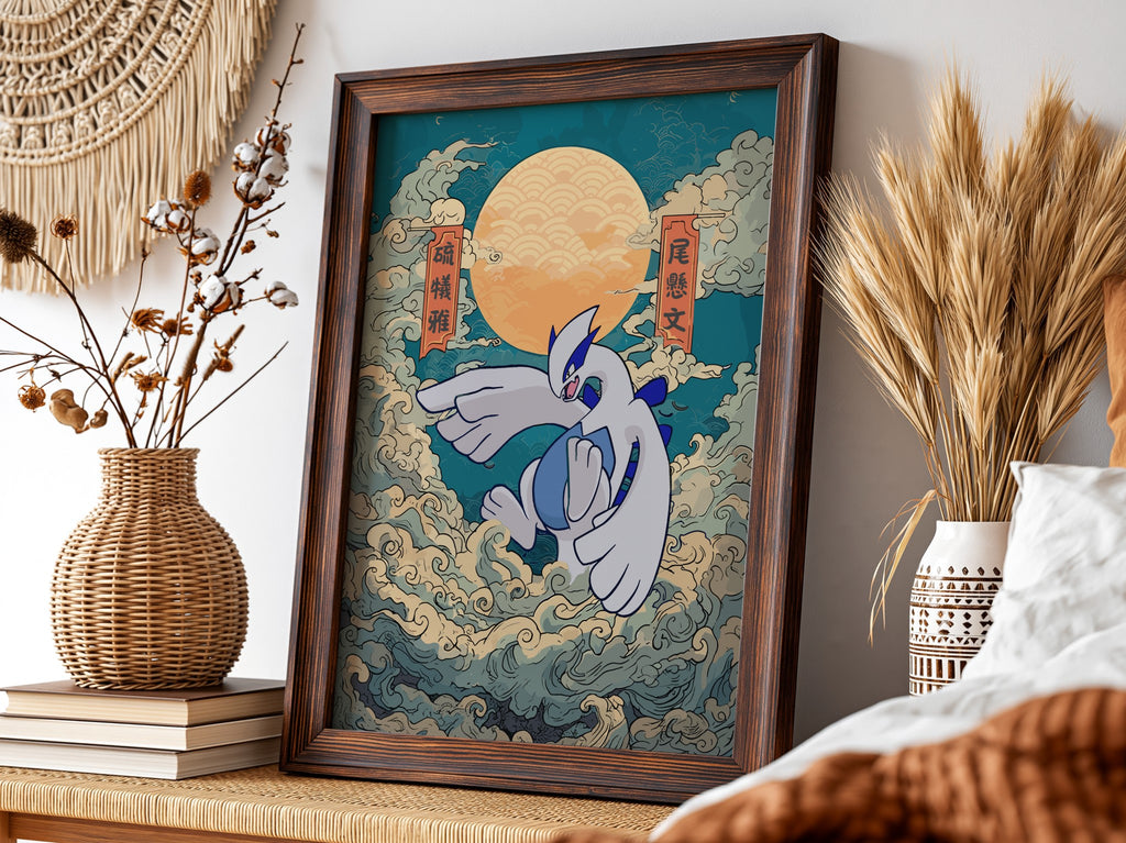 Pokemon poster featuring Lugia in blue and white with swirling clouds and warm orange sun background