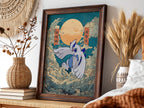 Pokemon poster featuring Lugia in blue and white with swirling clouds and warm orange sun background