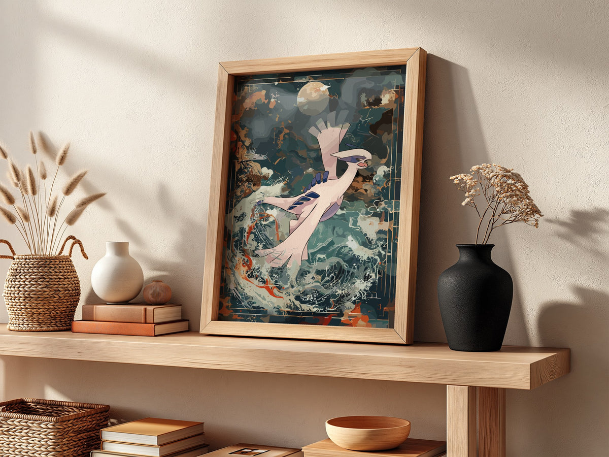 Fantasy poster featuring Lugia flying over turbulent ocean with deep blue and rust tones