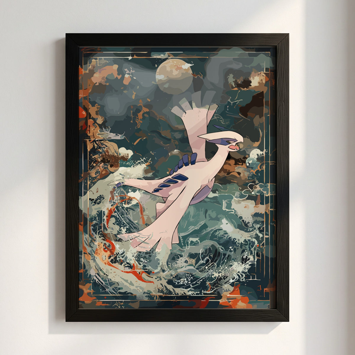 Fantasy poster featuring Lugia flying over turbulent ocean with deep blue and rust tones