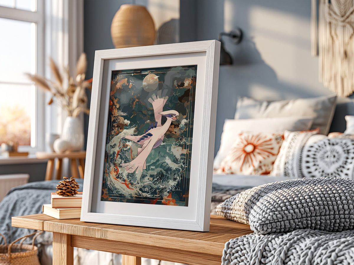 Fantasy poster featuring Lugia flying over turbulent ocean with deep blue and rust tones