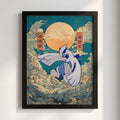 Pokemon poster featuring Lugia in blue and white with swirling clouds and warm orange sun background